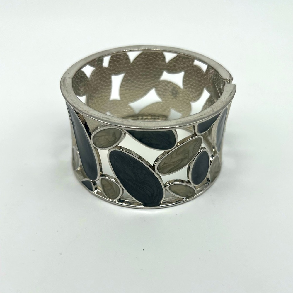 VINTAGE Silver Tone Oil-Spot Glaze Bracelet Cuff Bangle